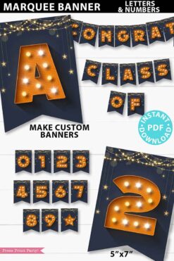 marquee banner printable for parties. Navy blue happy birthday banner, congratulations graduation banner. Press Print Party