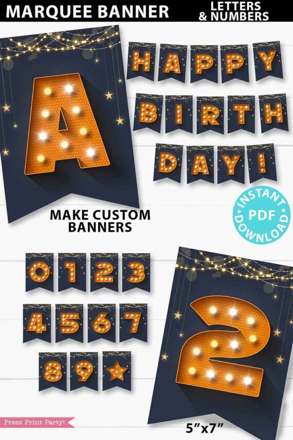 marquee banner printable for parties. Navy blue happy birthday banner, congratulations graduation banner. Press Print Party