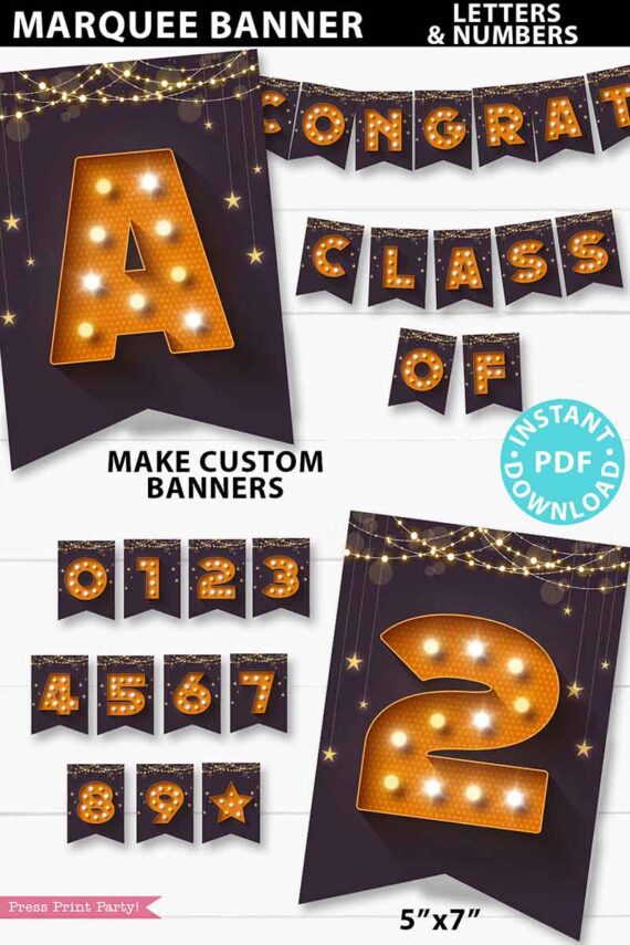 marquee banner printable for parties. Purple happy birthday banner, congratulations graduation banner. Press Print Party