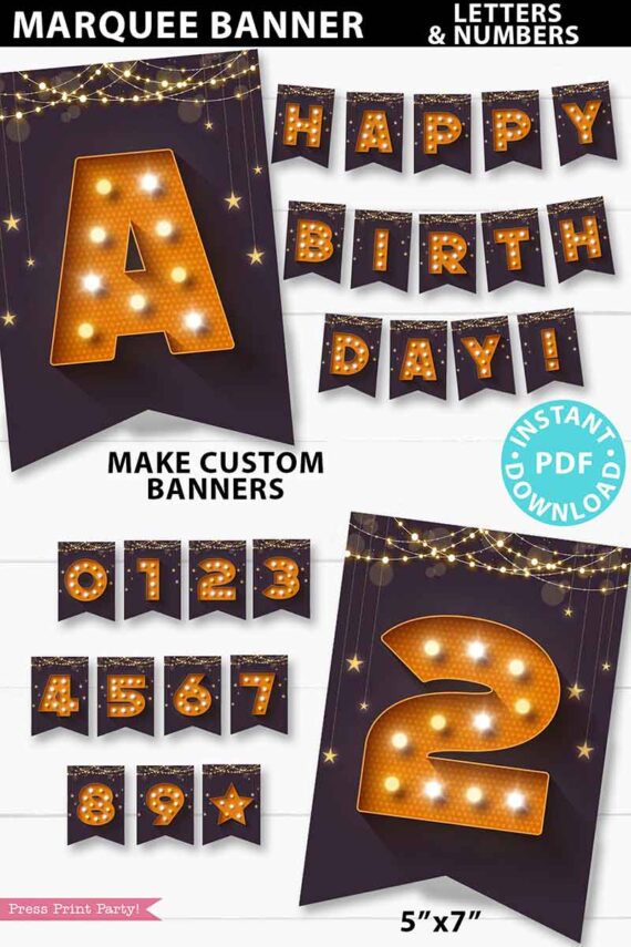 marquee banner printable for parties. Purple happy birthday banner, congratulations graduation banner. Press Print Party