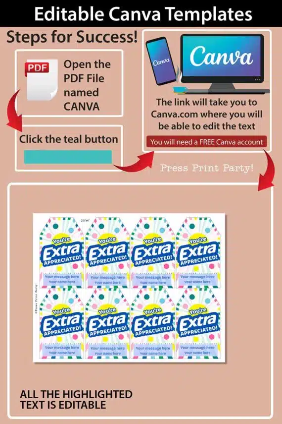 Extra Gum Thank You Gift Tags Printable, Teacher Appreciation, Nurse, Staff, Driver, Assitant, Extra gum thank you sayings, extra gum thank you tags, Editable, gift idea, INSTANT DOWNLOAD press print party