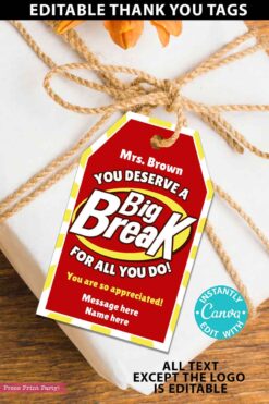 kitkat chocolate candy bar thank you gift tag you deserve a big break for all you do printable editable with canva - press print party