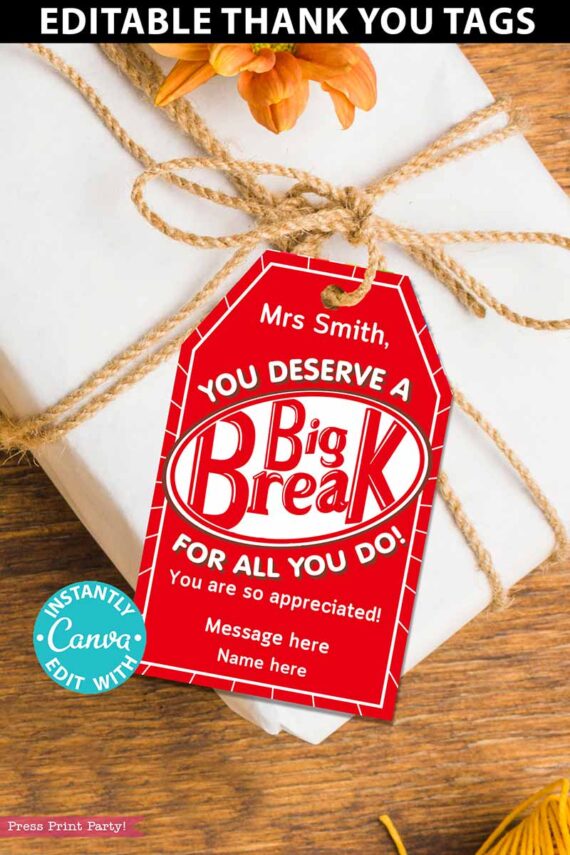 Kit Kat Candy Bar Thank You Gift Tags Printable, Teacher Appreciation, Nurse, Staff, Driver, Assitant, Candy Bar thank you sayings, Editable, gift idea, INSTANT DOWNLOAD Press print party