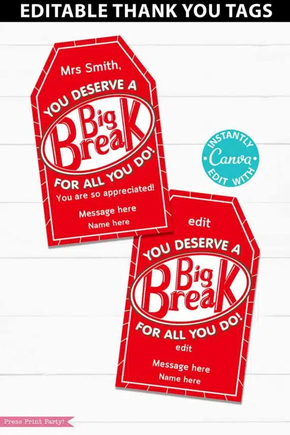 Kit Kat Candy Bar Thank You Gift Tags Printable, Teacher Appreciation, Nurse, Staff, Driver, Assitant, Candy Bar thank you sayings, Editable, gift idea, INSTANT DOWNLOAD Press print party