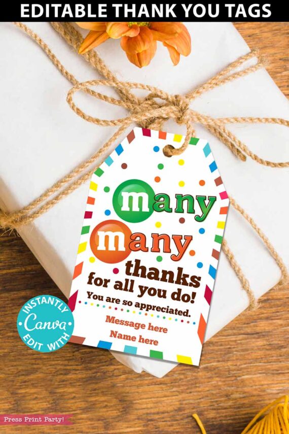 m&ms Candy Thank You Gift Tags Printable, Teacher Appreciation, Nurse, Staff, Driver, Assitant, Candy thank you sayings, Editable, gift idea, INSTANT DOWNLOAD Press Print party