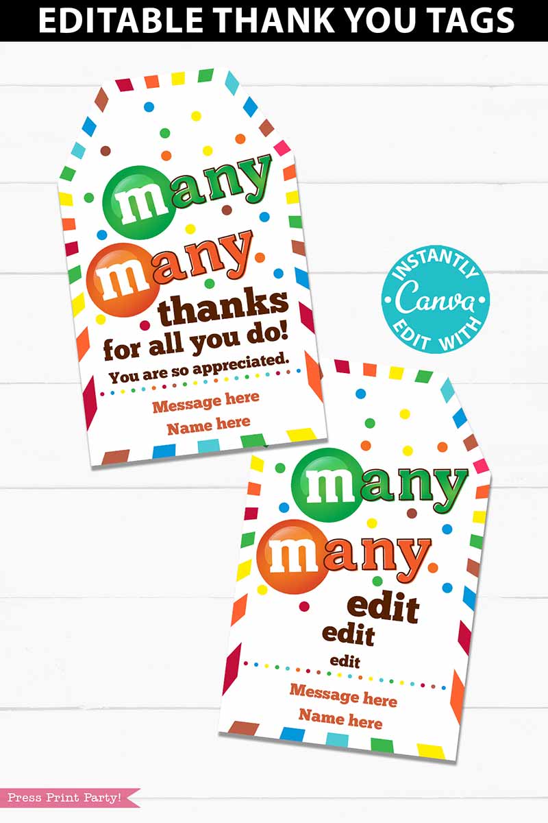 M&M Candy Tag Teacher Gift Tag Many Thanks Much Appreciation 