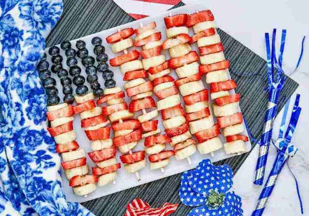 fruit skewers - 75 Red White and Blue Food Ideas and Patriotic Recipes for fourth of July, memorial day. Press Print Party!