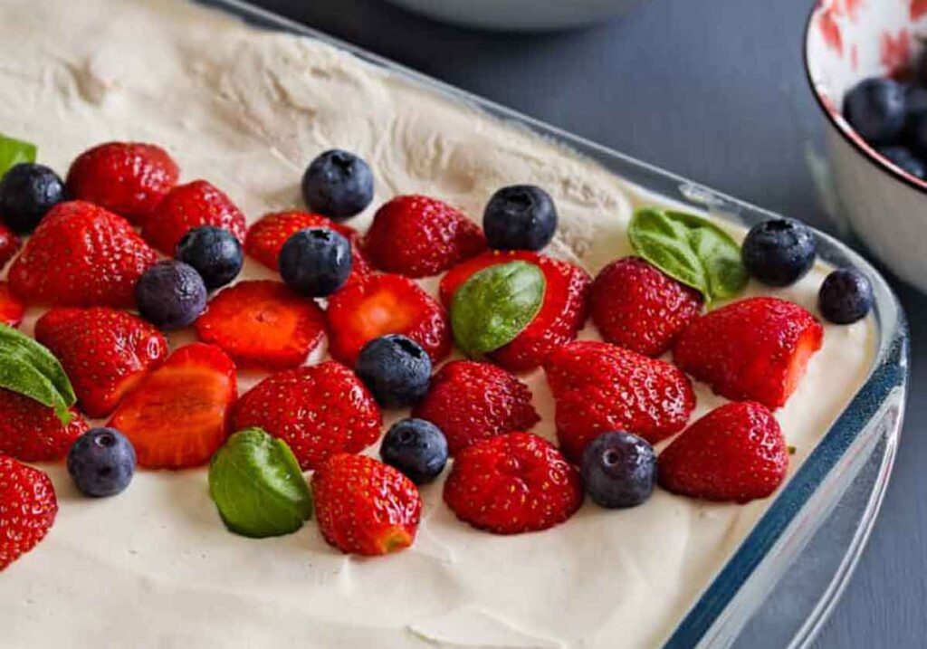 berry ice box cake - 75 Red White and Blue Food Ideas and Patriotic Recipes for fourth of July, memorial day. Press Print Party!