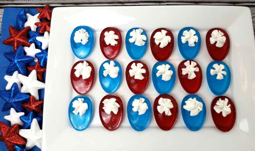 deviled jello eggs- 75 Red White and Blue Food Ideas and Patriotic Recipes for fourth of July, memorial day. Press Print Party!