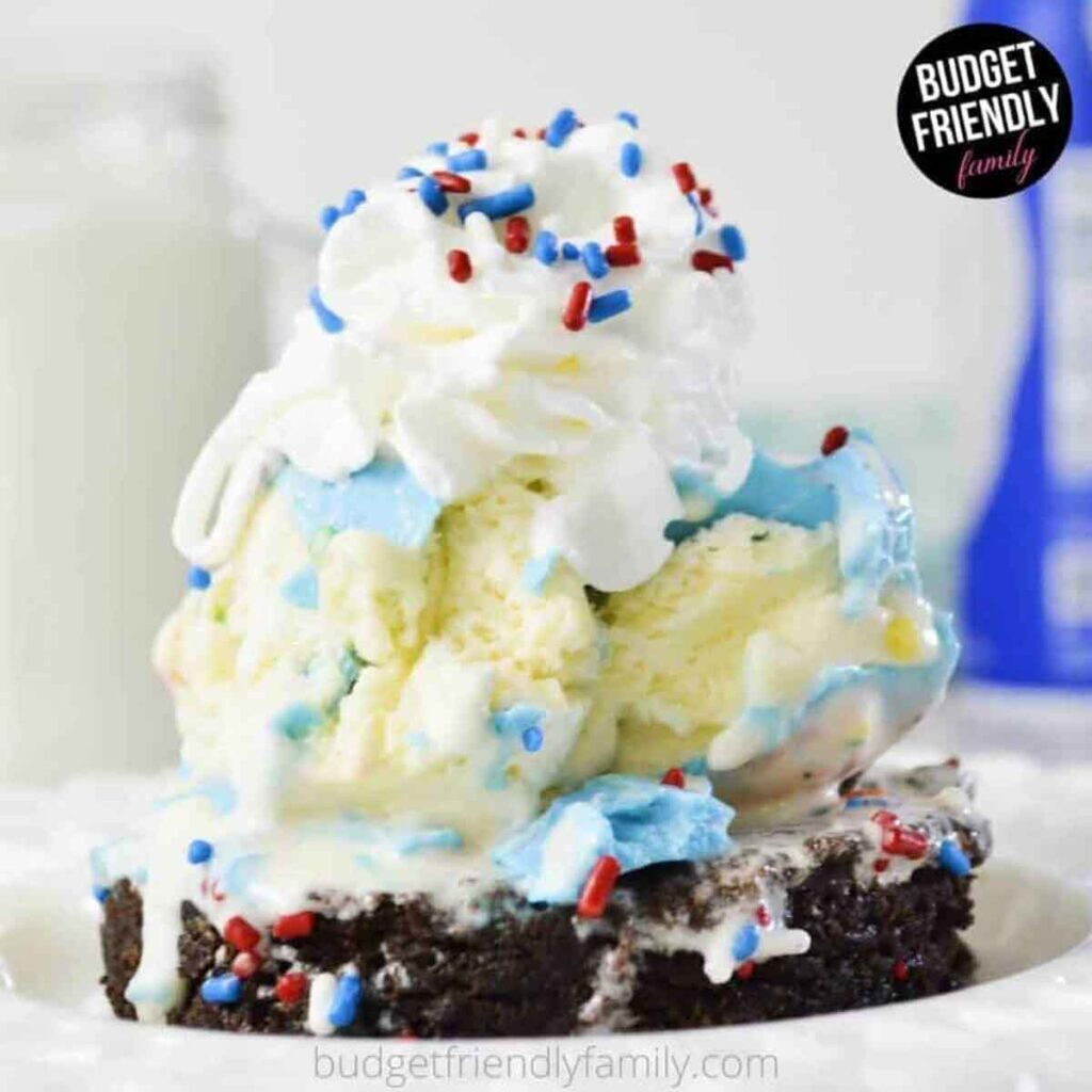 ice cream brownie- 75 Red White and Blue Food Ideas and Patriotic Recipes for fourth of July, memorial day. Press Print Party!