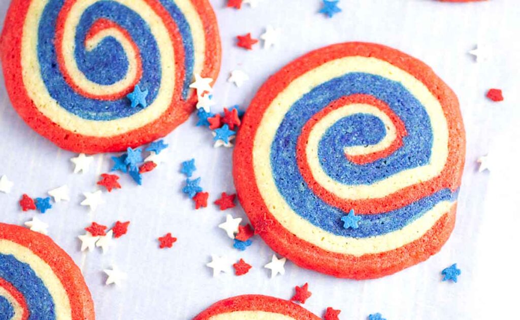 pinwheel cookies - 75 Red White and Blue Food Ideas and Patriotic Recipes for fourth of July, memorial day. Press Print Party!