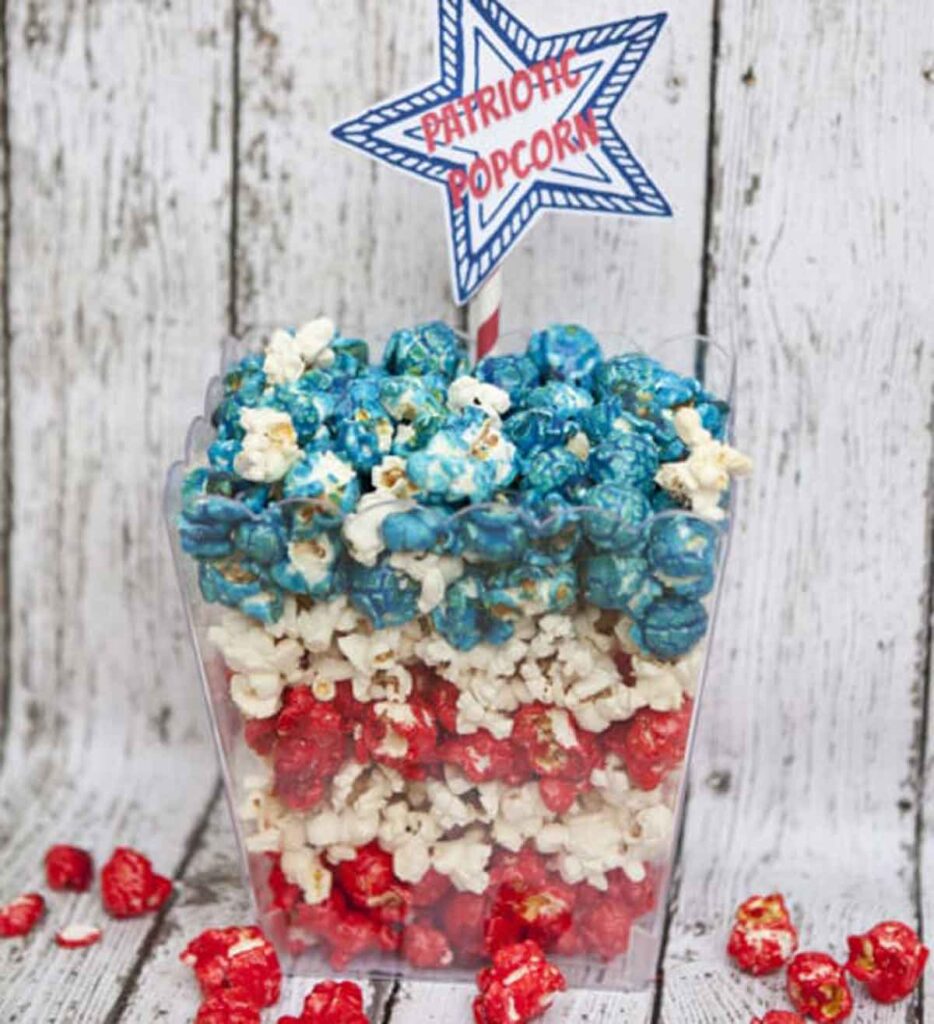 patriotic popcorm - 75 Red White and Blue Food Ideas and Patriotic Recipes for fourth of July, memorial day. Press Print Party!