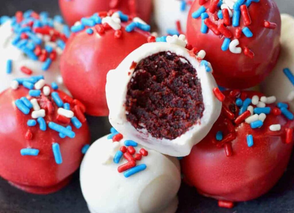 velvet cake balls - 75 Red White and Blue Food Ideas and Patriotic Recipes for fourth of July, memorial day. Press Print Party!