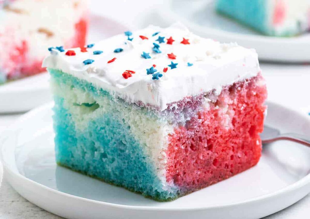 poke cake - 75 Red White and Blue Food Ideas and Patriotic Recipes for fourth of July, memorial day. Press Print Party!