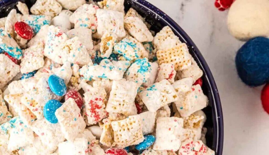 patriotic puppy chow - 75 Red White and Blue Food Ideas and Patriotic Recipes for fourth of July, memorial day. Press Print Party!