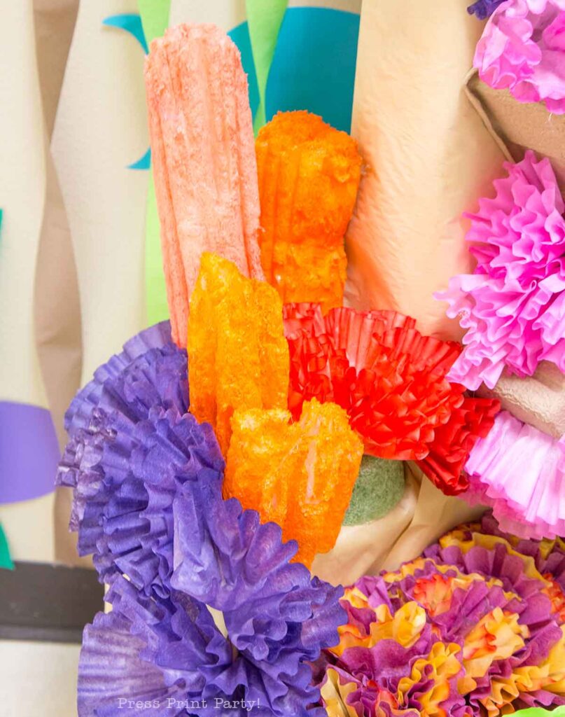 coral reef decoration with pool noodles and coffee filters