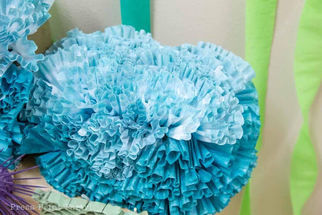 coral reef decoration made with coffee filters and painted blue