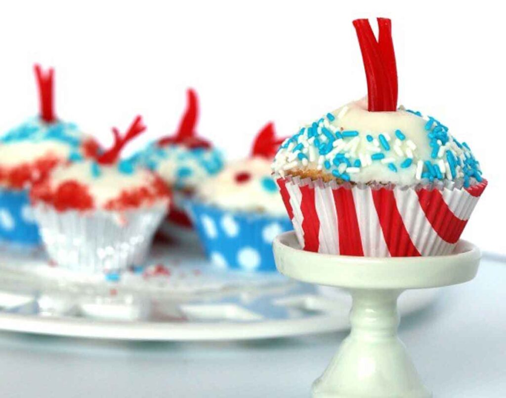 firecracker cupcakes - 75 Red White and Blue Food Ideas and Patriotic Recipes for fourth of July, memorial day. Press Print Party!