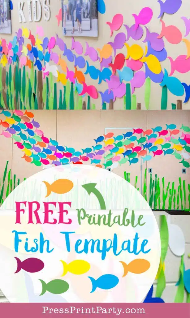 free printable simple fish template outline cutout on wall with streamer sea weed for under the sea vbs or party - Press Print Party.