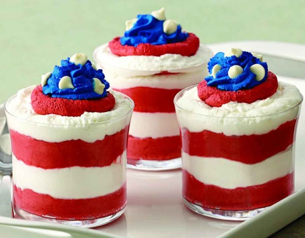 patriotic mousse parfaits - 75 Red White and Blue Food Ideas and Patriotic Recipes for fourth of July, memorial day. Press Print Party!
