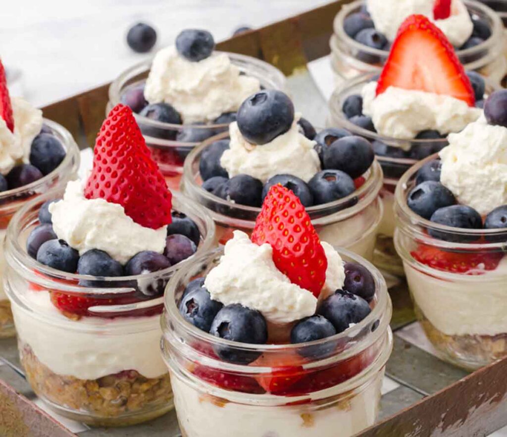 no bake mini chessecakes - 75 Red White and Blue Food Ideas and Patriotic Recipes for fourth of July, memorial day. Press Print Party!