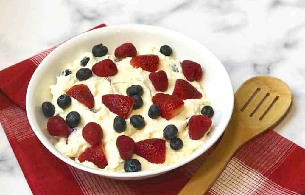 cheesecake fruit salad - 75 Red White and Blue Food Ideas and Patriotic Recipes for fourth of July, memorial day. Press Print Party!