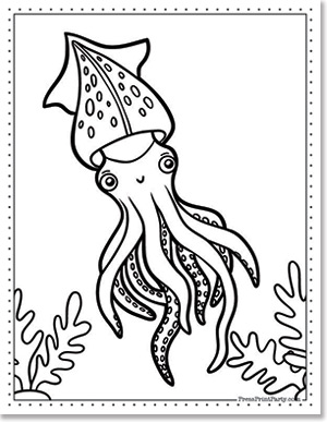 squid - 15 Free Printable Fish Coloring Pages for Kids of All Ages - fish coloring book, fish coloring sheets for under the sea fun - Press Print Party!