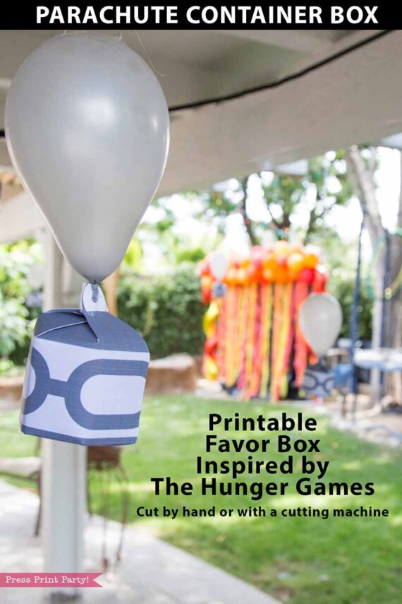 Hunger games parachute container favor box - silver parachute box that the sponsors use to give gifts to the tributes - Makes great hunger games party decorations by Press Print Party!