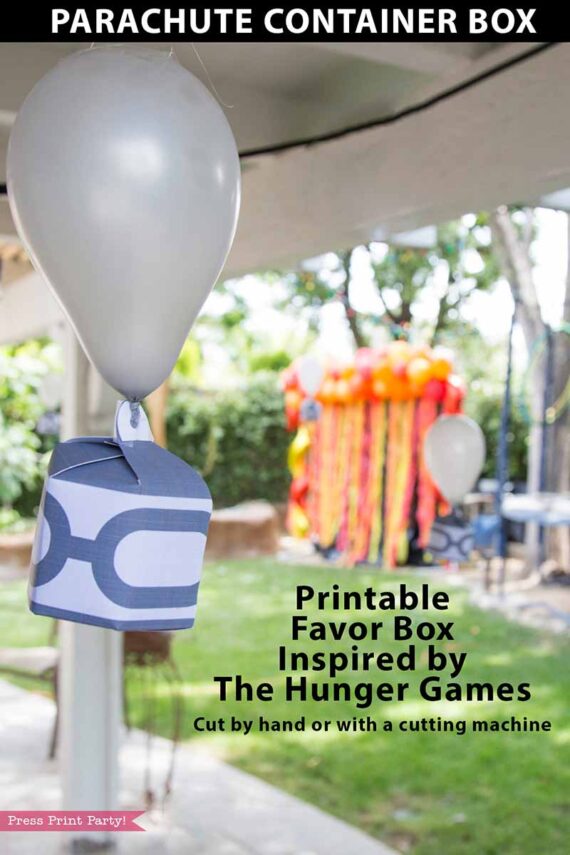 Hunger games parachute container favor box - silver parachute box that the sponsors use to give gifts to the tributes - Makes great hunger games party decorations by Press Print Party!