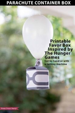 Hunger games parachute container favor box - silver parachute box that the sponsors use to give gifts to the tributes - Makes great hunger games party decorations by Press Print Party!