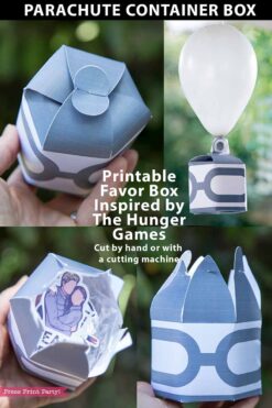 Hunger games parachute container favor box - silver parachute box that the sponsors use to give gifts to the tributes - Makes great hunger games party decorations by Press Print Party!