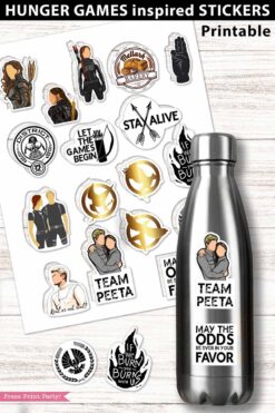 The Hunger Games stickers printable, inspired by the Hunger Games movies. 17 Hunger Games sticker pack colorful decal, vinyl sticker, print on waterproof vinyl paper, water bottle, laptop computer phone luggage car skateboard bumper