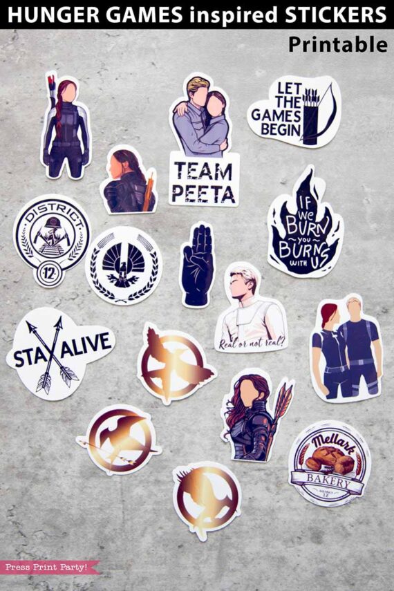 The Hunger Games stickers printable, inspired by the Hunger Games movies. 17 Hunger Games sticker pack colorful decal, vinyl sticker, print on waterproof vinyl paper, water bottle, laptop computer phone luggage car skateboard bumper