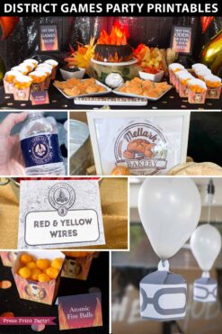 hunger games party printables set. Hunger games invitation, cupcake wrappers, water bottle wrappers, parachute box, treat boxes, place cards, chocolate wraps, hunger games signs, Mellark bakery sign. Inspired by the movie the Hunger Games. Mockingjay signs - by Press Print Party.