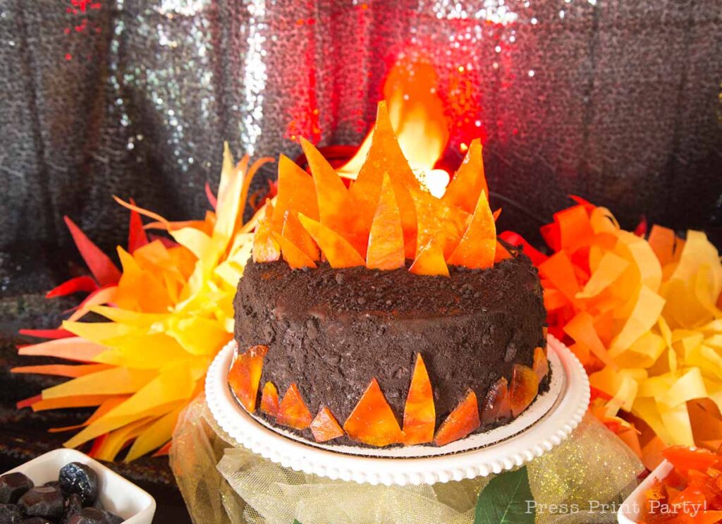 hunger games cake to look like a coal on fire- Our epic hunger games party for teens, hunger games party theme birthday party, food, decorations and games - Press Print Party