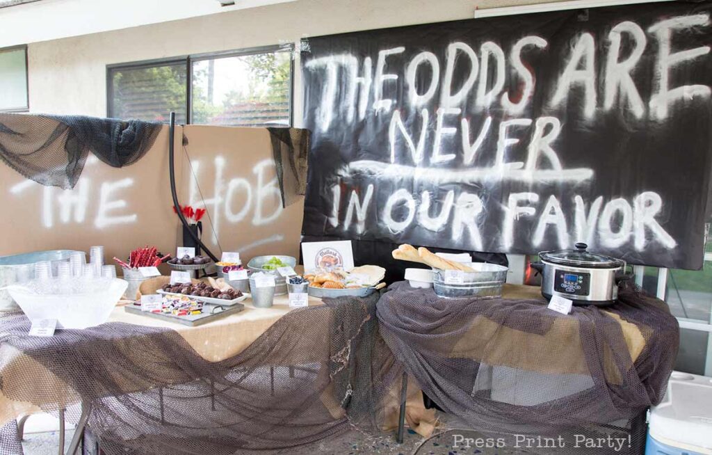 the odds are never in our favor sign, the hob, food table, dystopian party table - Our epic hunger games party for teens, hunger games party theme birthday party, food, decorations and games - Press Print Party