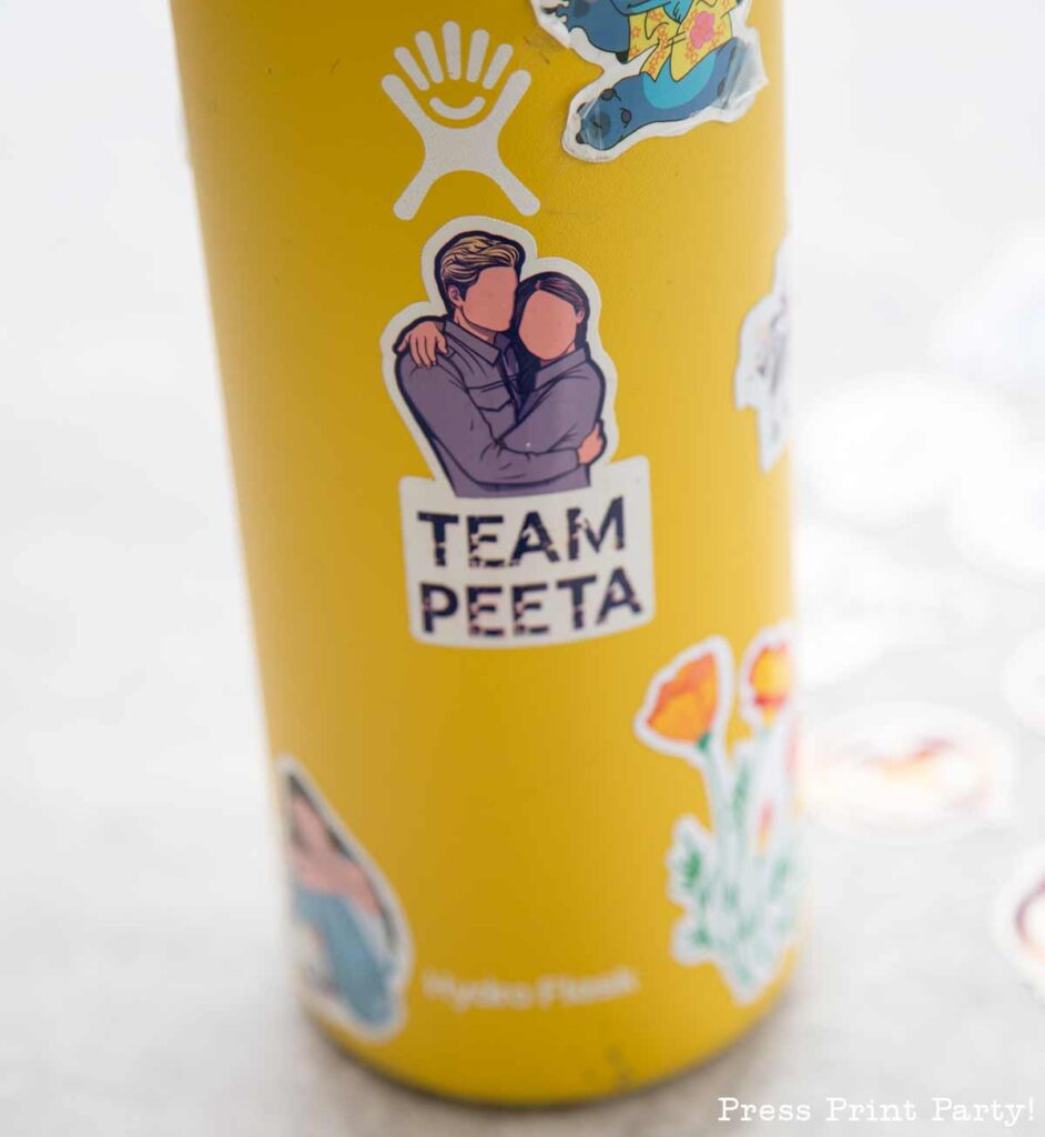 hunger games stickers on water bottle team peeta sticker with katniss everdeen and peeta mellark - Press Print Party