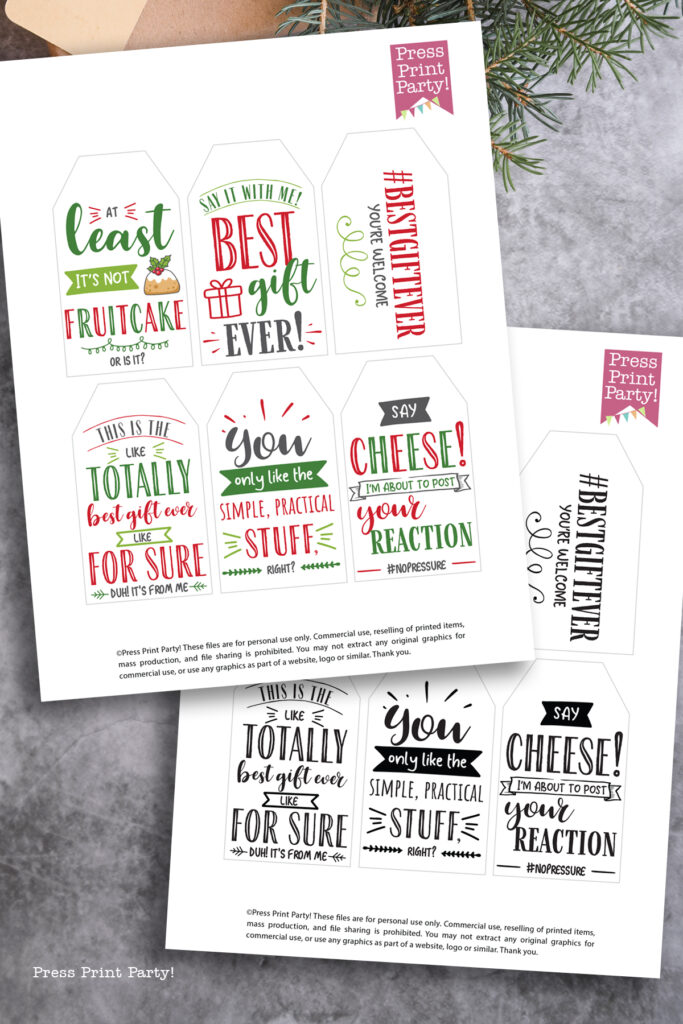 12 free printable funny christmas tags to spread cheer. funny gift tags - best gift ever - snarky, sarcastic, witty - for christmas gifts - Press Print Party!