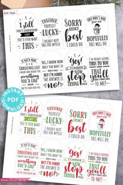 funny Christmas tags, holiday gift tags, 80 sayings in black and white and red and green color designs. printable gift tags hilarious Christmas. clever gifts. Funny messages on Christmas gifts. Gift for her, gift for him, gift for coworkers, gift for kids. Gift wrapping. handmade gift tag. clean funny. Press Print Party!