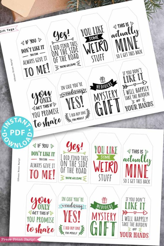 funny Christmas tags, holiday gift tags, 80 sayings in black and white and red and green color designs. printable gift tags hilarious Christmas. clever gifts. Funny messages on Christmas gifts. Gift for her, gift for him, gift for coworkers, gift for kids. Gift wrapping. handmade gift tag. clean funny. Press Print Party!