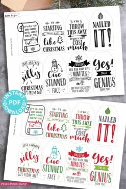 funny Christmas tags, holiday gift tags, 80 sayings in black and white and red and green color designs. printable gift tags hilarious Christmas. clever gifts. Funny messages on Christmas gifts. Gift for her, gift for him, gift for coworkers, gift for kids. Gift wrapping. handmade gift tag. clean funny. Press Print Party!
