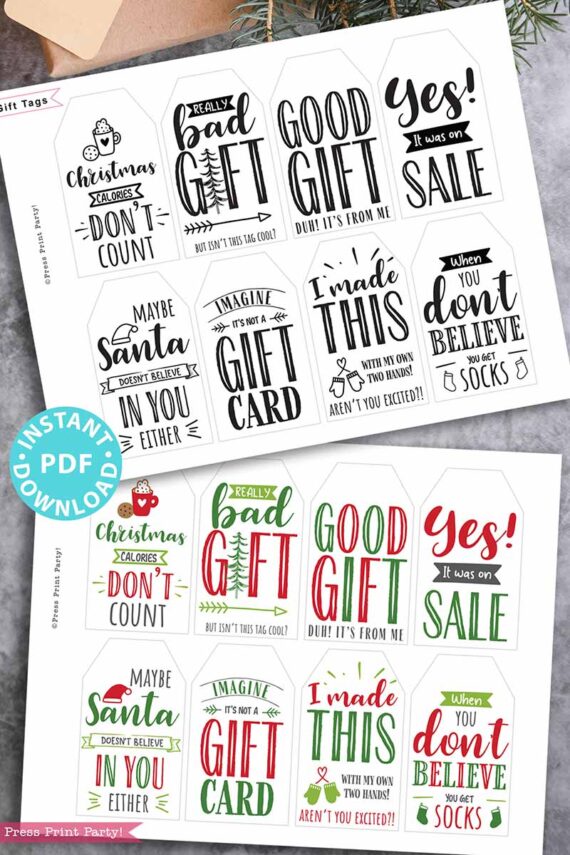 funny Christmas tags, holiday gift tags, 80 sayings in black and white and red and green color designs. printable gift tags hilarious Christmas. clever gifts. Funny messages on Christmas gifts. Gift for her, gift for him, gift for coworkers, gift for kids. Gift wrapping. handmade gift tag. clean funny. Press Print Party!