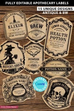 Fully editable vintage apothecary labels for custom potion labels,vintage herb labels ingredient labels tincture labels, kitchen labels for containers, Halloween printable stickers witch. Harry Potter. Wizard party, Halloween party decor. Press Print Party!