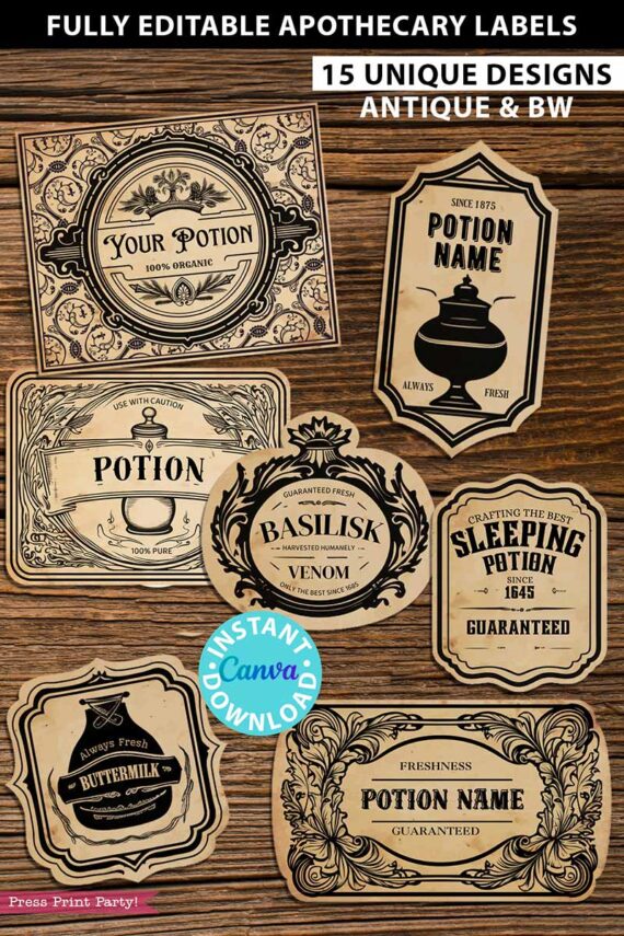 Fully editable vintage apothecary labels for custom potion labels,vintage herb labels ingredient labels tincture labels, kitchen labels for containers, Halloween printable stickers witch. Harry Potter. Wizard party, Halloween party decor. Press Print Party!