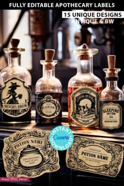 Fully editable vintage apothecary labels for custom potion labels,vintage herb labels ingredient labels tincture labels, kitchen labels for containers, Halloween printable stickers witch. Harry Potter. Wizard party, Halloween party decor. Press Print Party!