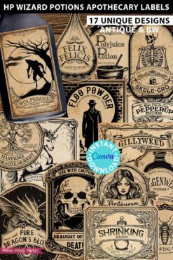 Harry Potter Potions Labels Printable Digital Download Stickers Vintage Apothecary Labels Floo Powder, Polyjuice Potion, Veritaserum, Amortentia, Felix Felicis, Skele-Gro, Pepperup, Dittany, Felix Felicis, Wolfsbane, Skele-Gro. Press Print Party!