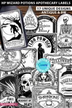 Harry Potter Potions Label Printable Digital Download Stickers Vintage Apothecary Labels Floo Powder, Polyjuice Potion, Veritaserum, Amortentia, Felix Felicis, Skele-Gro, Pepperup, Dittany, Felix Felicis, Wolfsbane, Skele-Gro. Press Print Party!