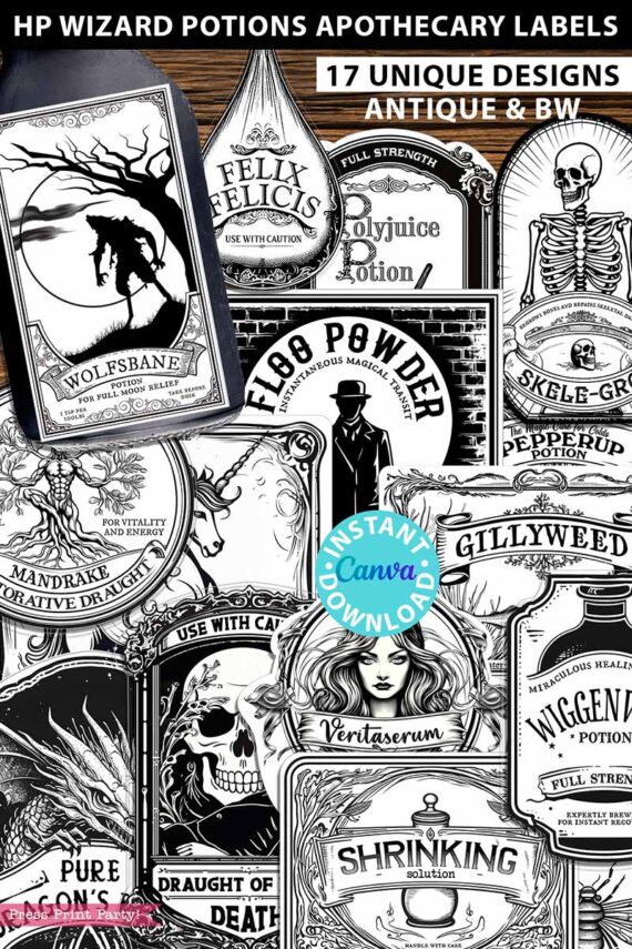 Harry Potter Potions Label Printable Digital Download Stickers Vintage Apothecary Labels Floo Powder, Polyjuice Potion, Veritaserum, Amortentia, Felix Felicis, Skele-Gro, Pepperup, Dittany, Felix Felicis, Wolfsbane, Skele-Gro. Press Print Party!