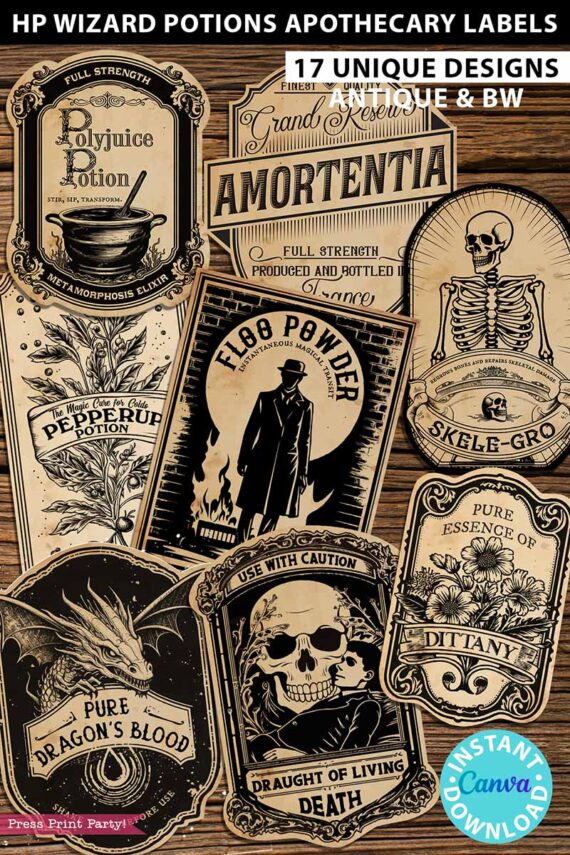 Harry Potter Potions Label Printable Digital Download Stickers Vintage Apothecary Labels Floo Powder, Polyjuice Potion, Veritaserum, Amortentia, Felix Felicis, Skele-Gro, Pepperup, Dittany, Felix Felicis, Wolfsbane, Skele-Gro. Press Print Party!