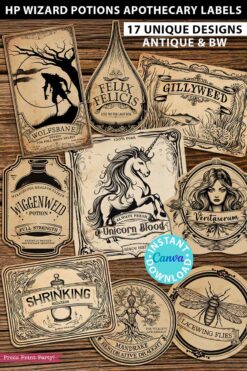 Harry Potter Potions Label Printable Digital Download Stickers Vintage Apothecary Labels Floo Powder, Polyjuice Potion, Veritaserum, Amortentia, Felix Felicis, Skele-Gro, Pepperup, Dittany, Felix Felicis, Wolfsbane, Skele-Gro. Press Print Party!